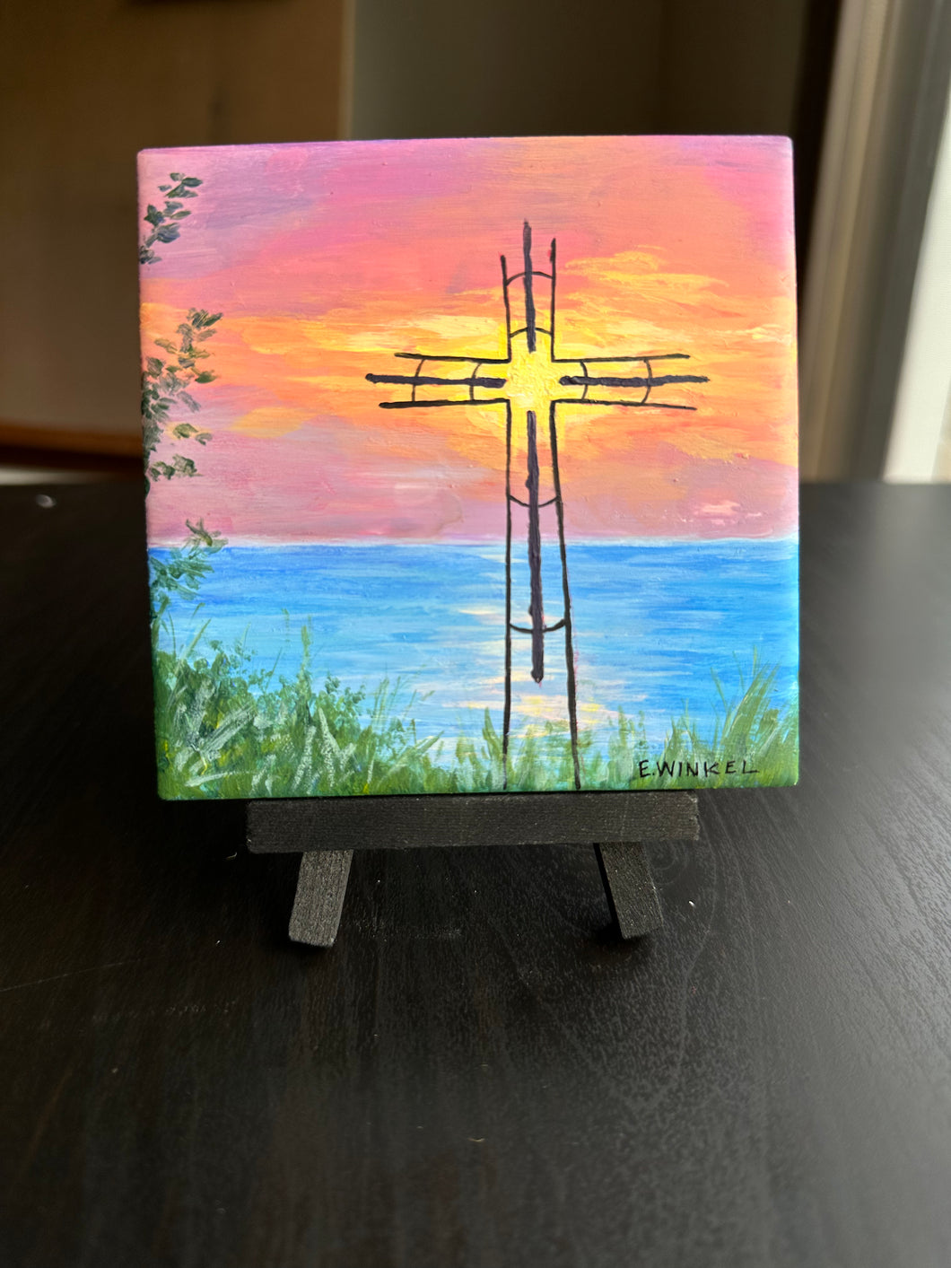 Painted Tile- Cross at Sunset